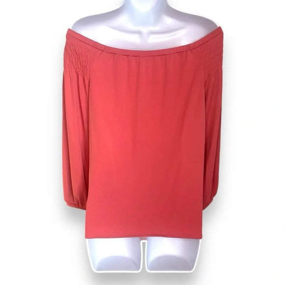 Ann Taylor Coral Off-Shoulder Top Size Small - Smocked Detail & Flowing Sleeves - Picture 6 of 9
